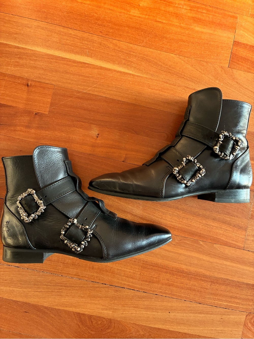 John Fluevog Black Leather Ankle Boots with Skull Buckle Straps - Picture 6 of 8